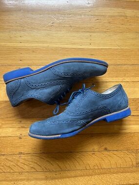 Cole Haan blue suede shoes wingtips oxfords 9.5 bright royal sole comfy preppy